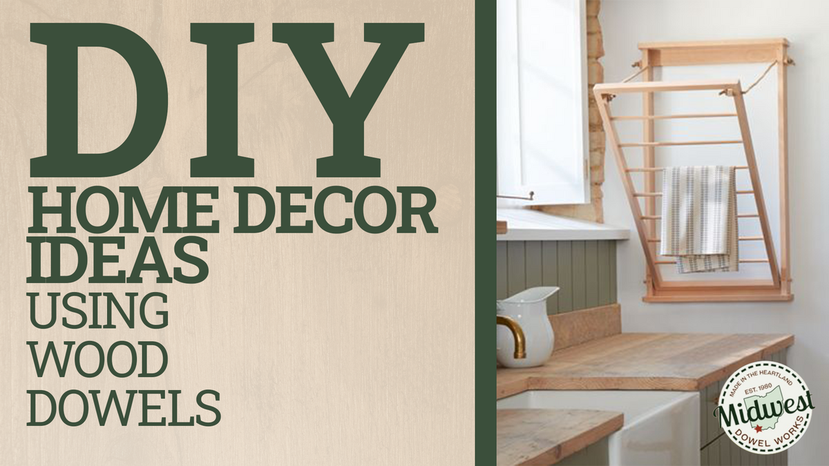 Wooden towel rack hanging on a wall. The text reads, "DIY Home Decor Ideas Using Wood Dowels" 